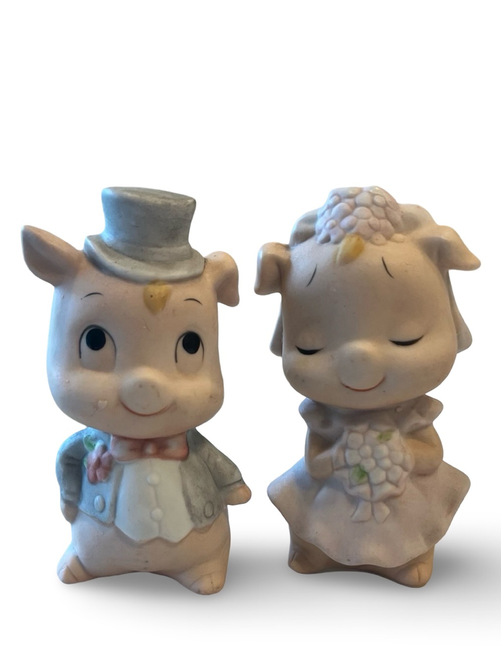 Vintage Ceramic Pig Bride and Groom Figurine Set Anthropomorphic Wedding Cake To